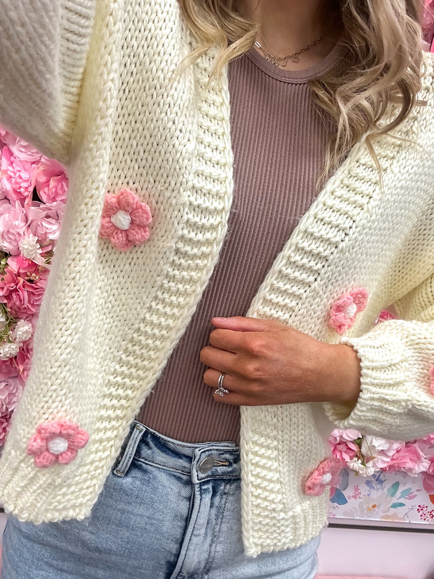 Camila Crochet Flower Knit Cardigan - Cream