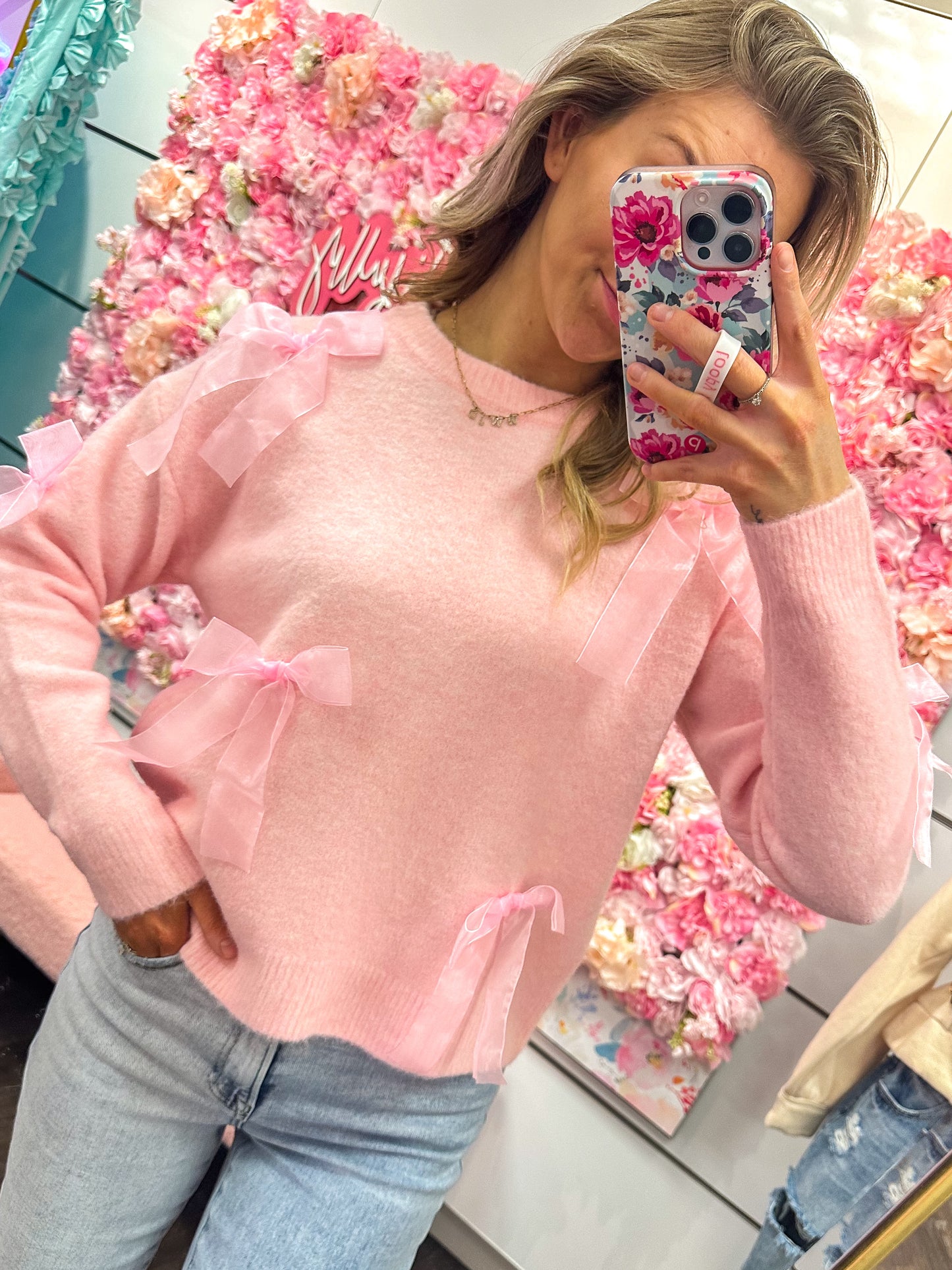 Brinley Bow Applique Soft Sweater Top - Pink