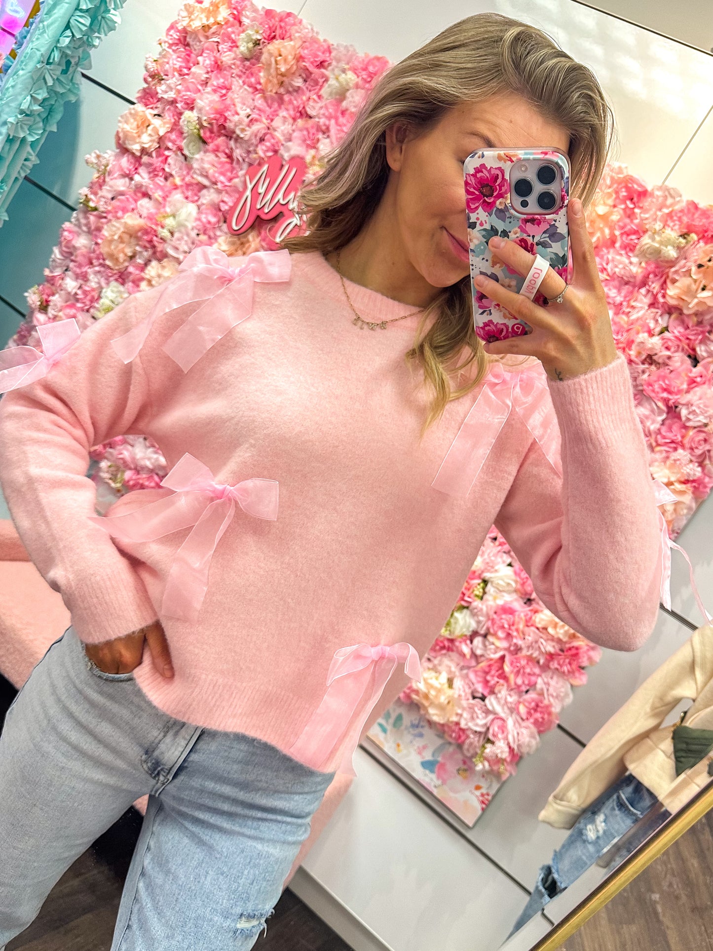 Brinley Bow Applique Soft Sweater Top - Pink