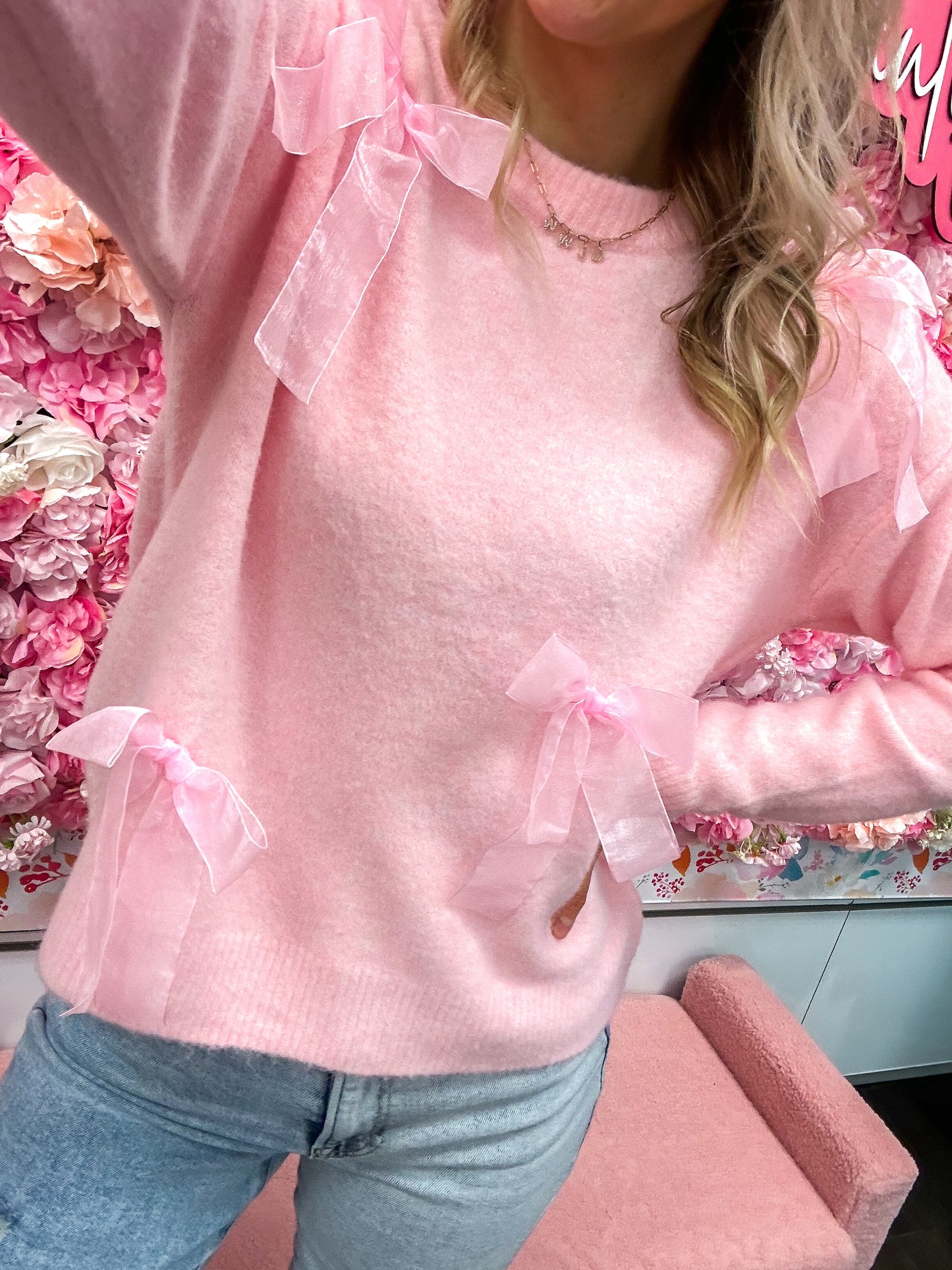 Brinley Bow Applique Soft Sweater Top - Pink