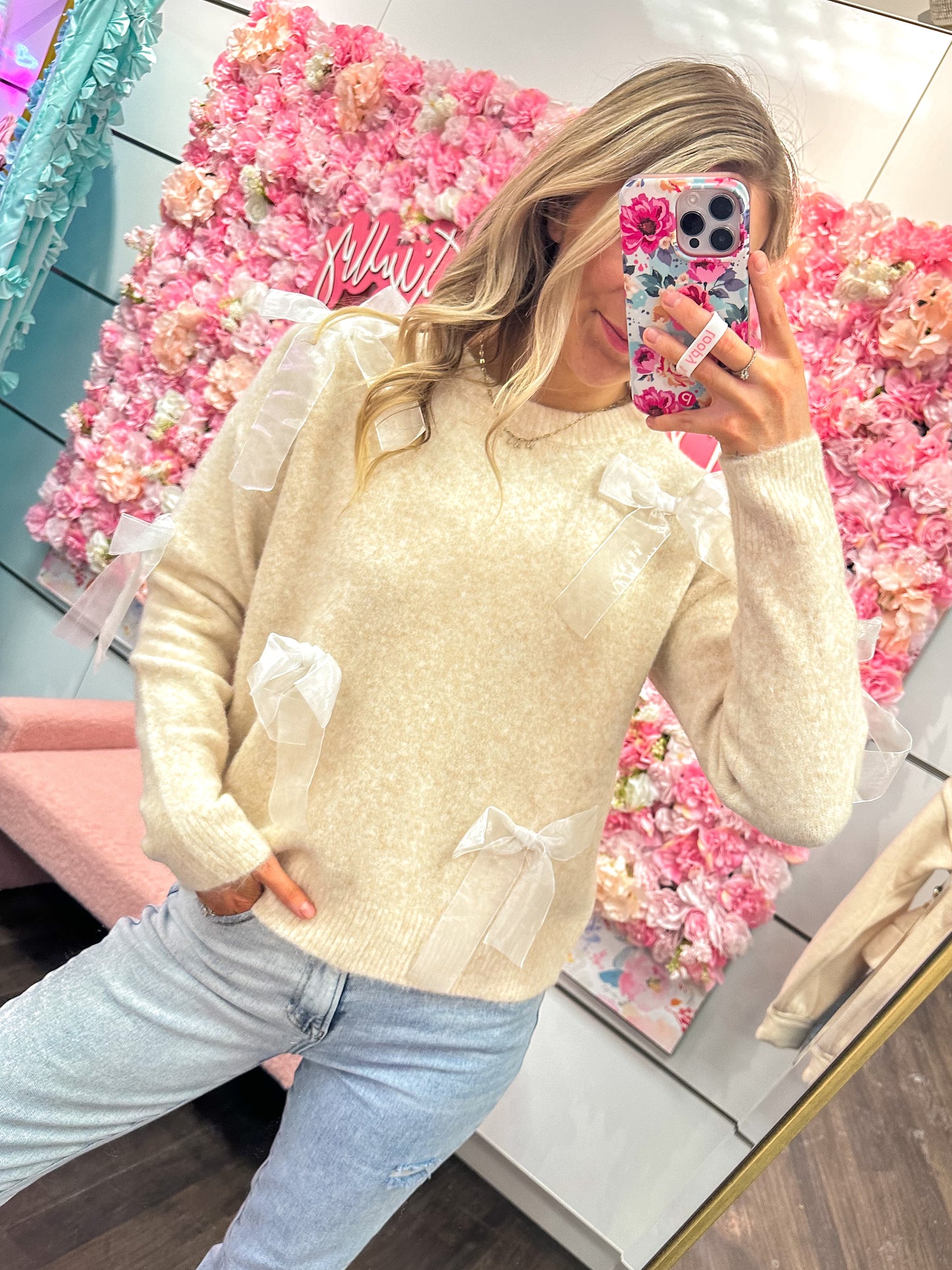 Brinley Bow Applique Soft Sweater Top - Oatmeal