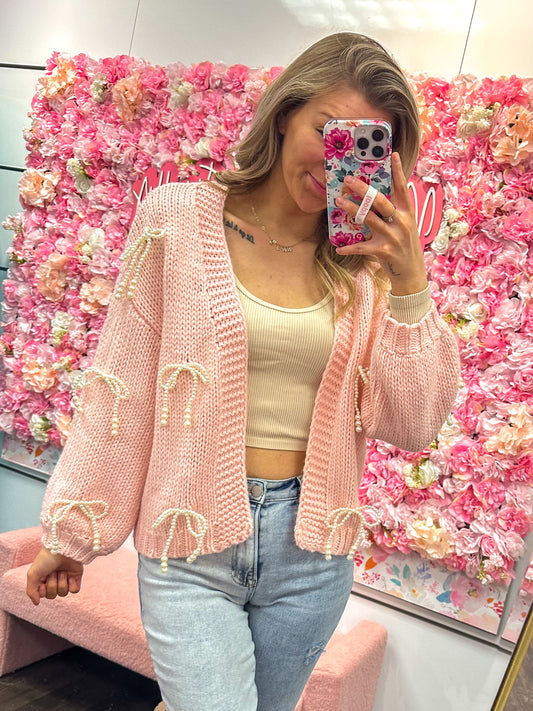 Rosie Ribbon Charm Knit Cardigan - Pink