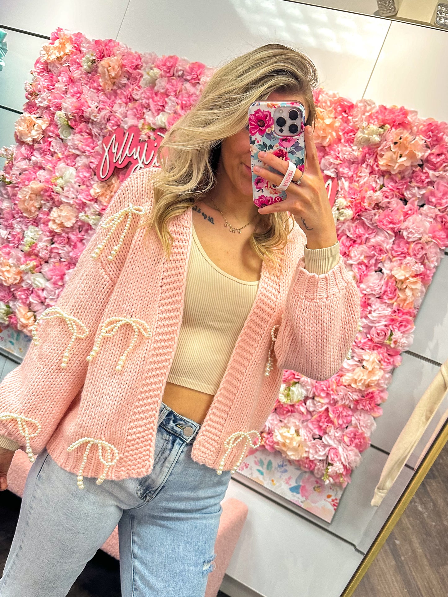 Rosie Ribbon Charm Knit Cardigan - Pink