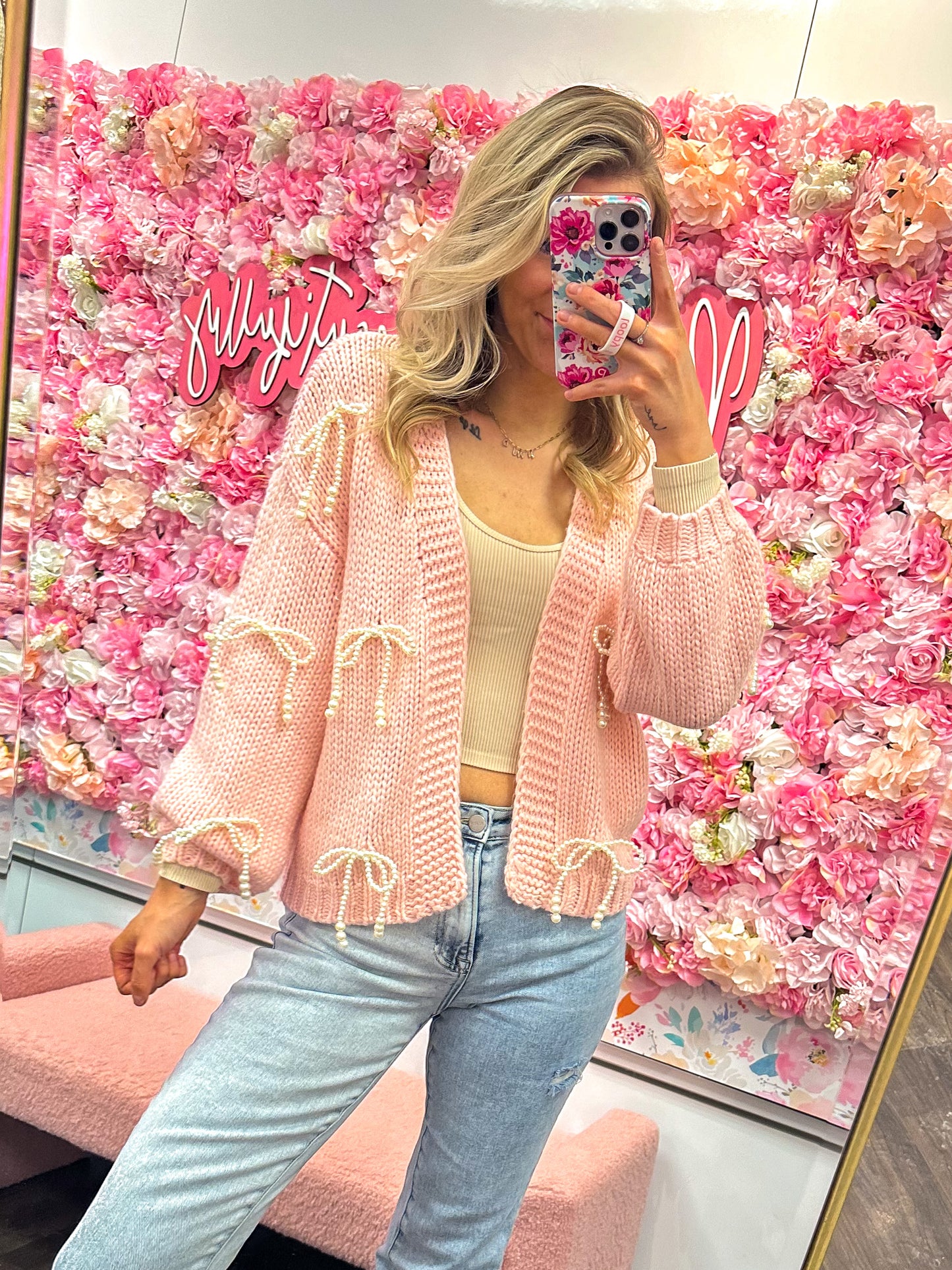 Rosie Ribbon Charm Knit Cardigan - Pink