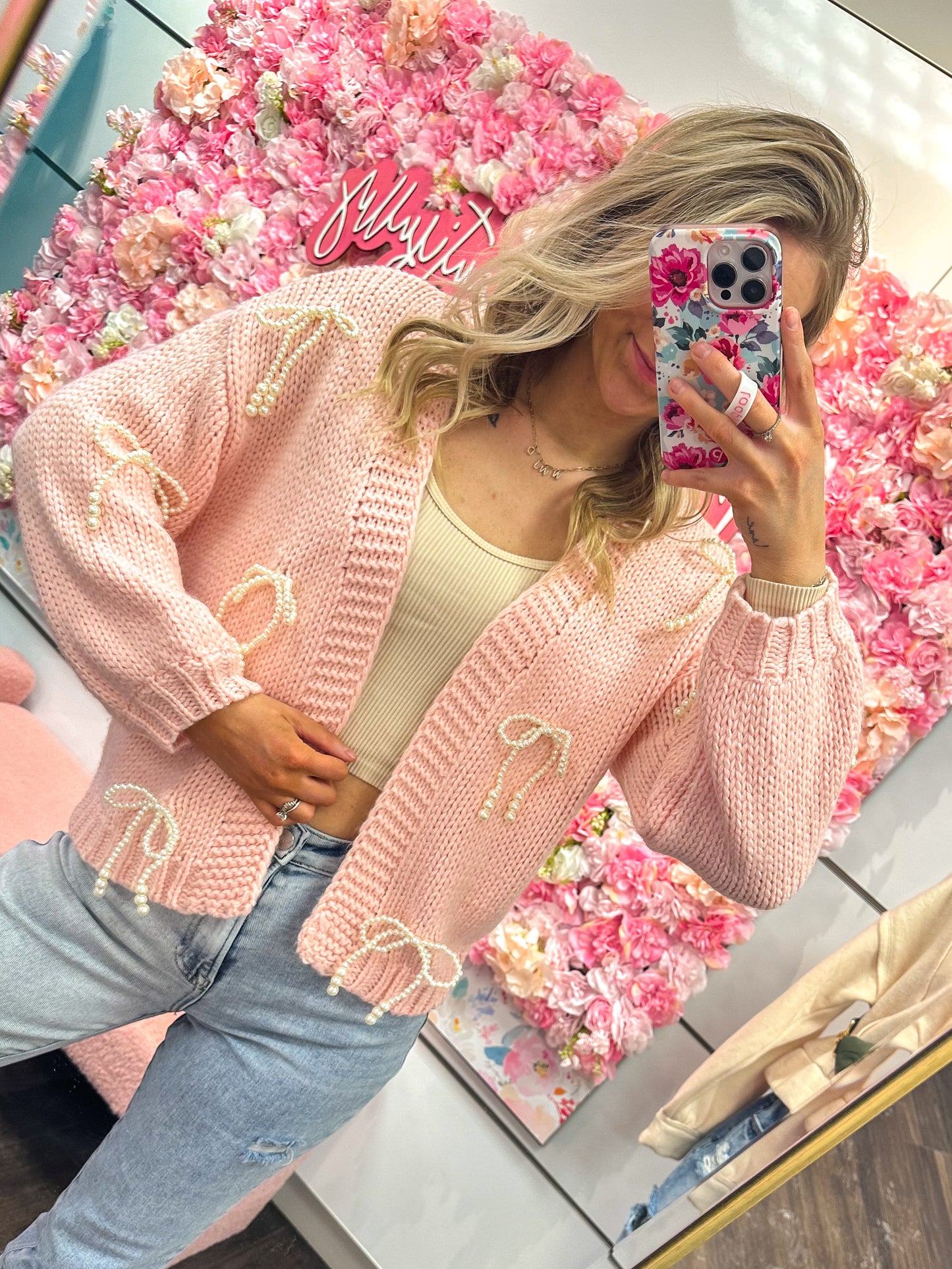 Rosie Ribbon Charm Knit Cardigan - Pink