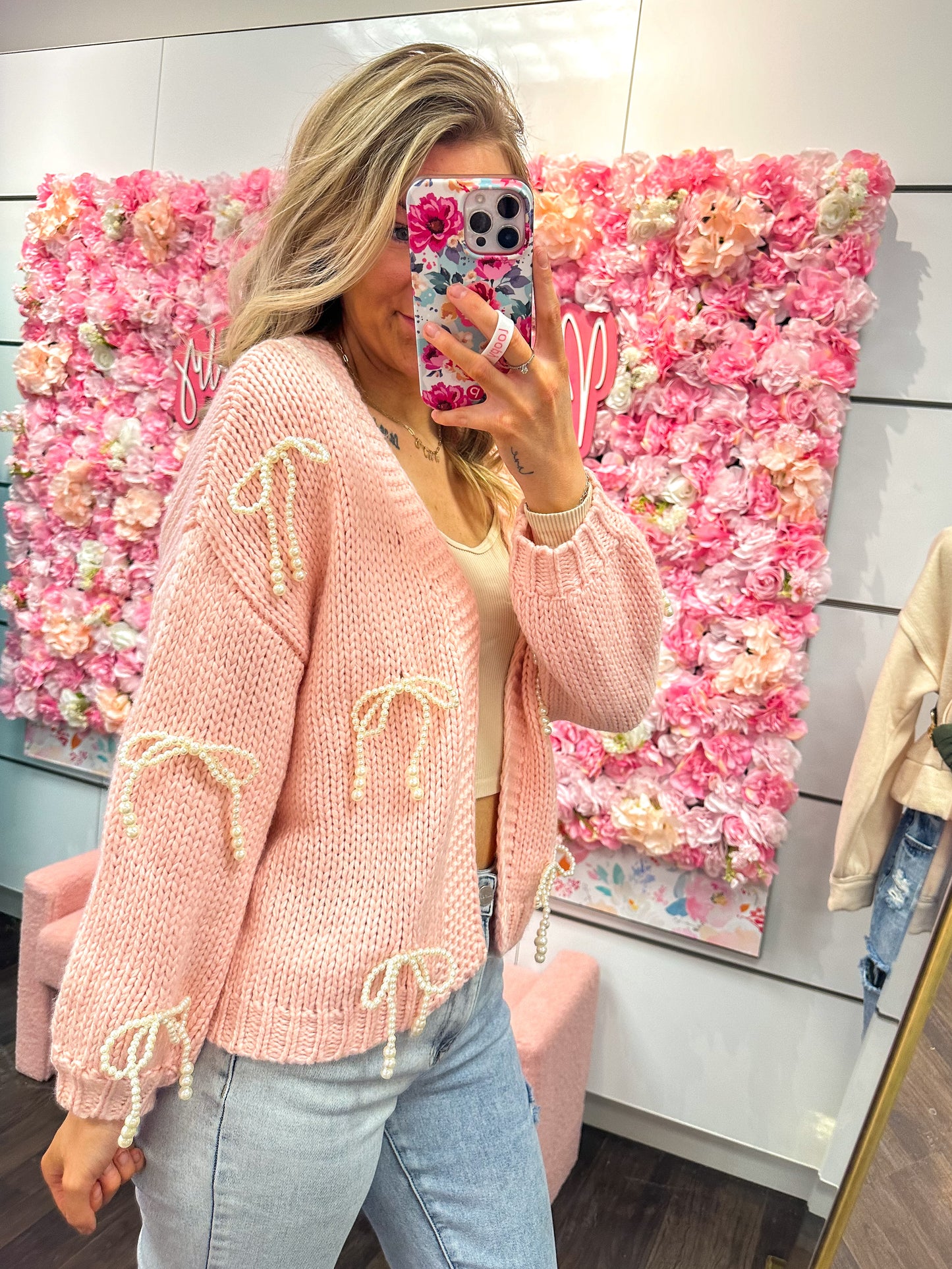 Rosie Ribbon Charm Knit Cardigan - Pink