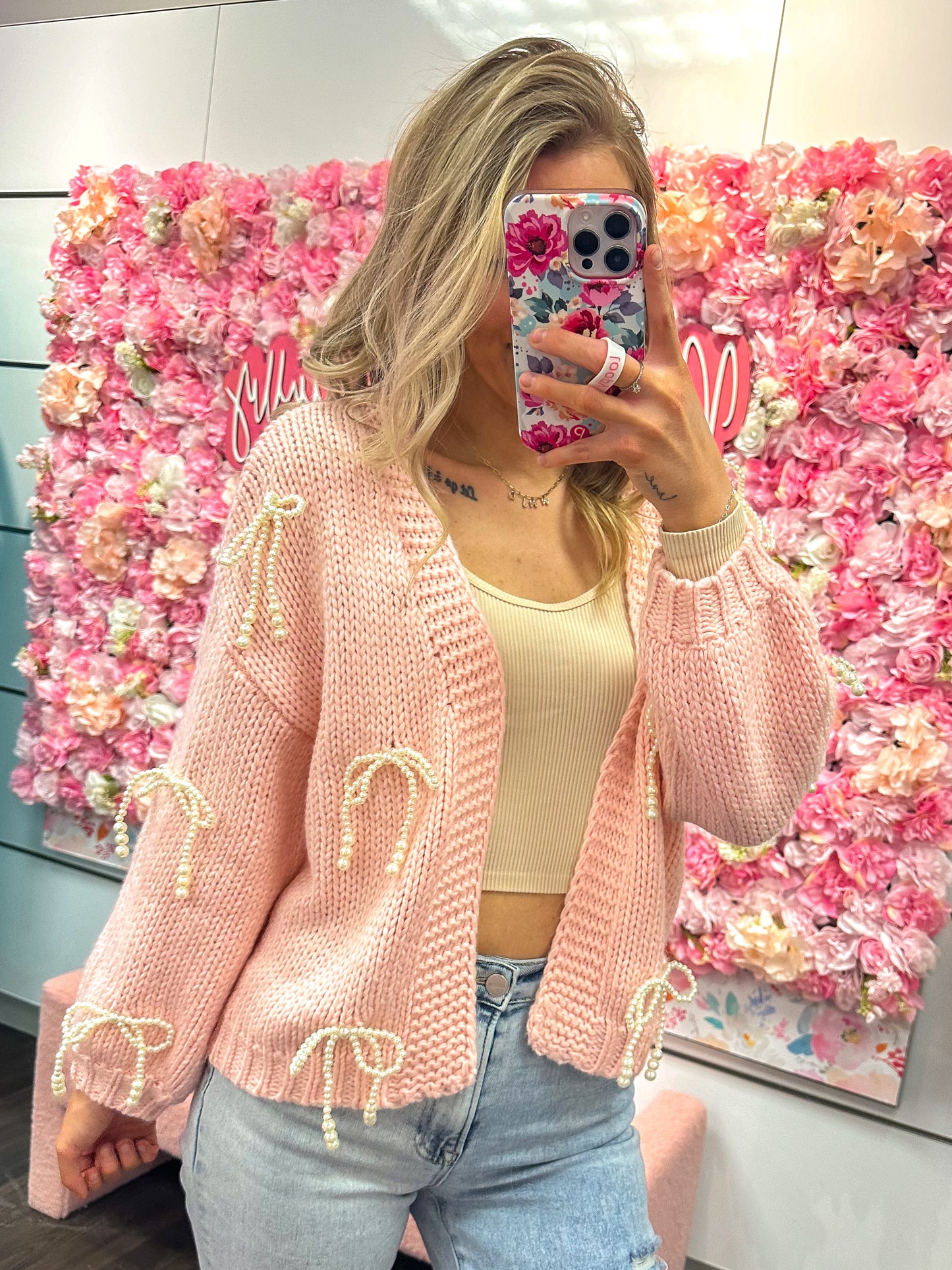 Rosie Ribbon Charm Knit Cardigan - Pink