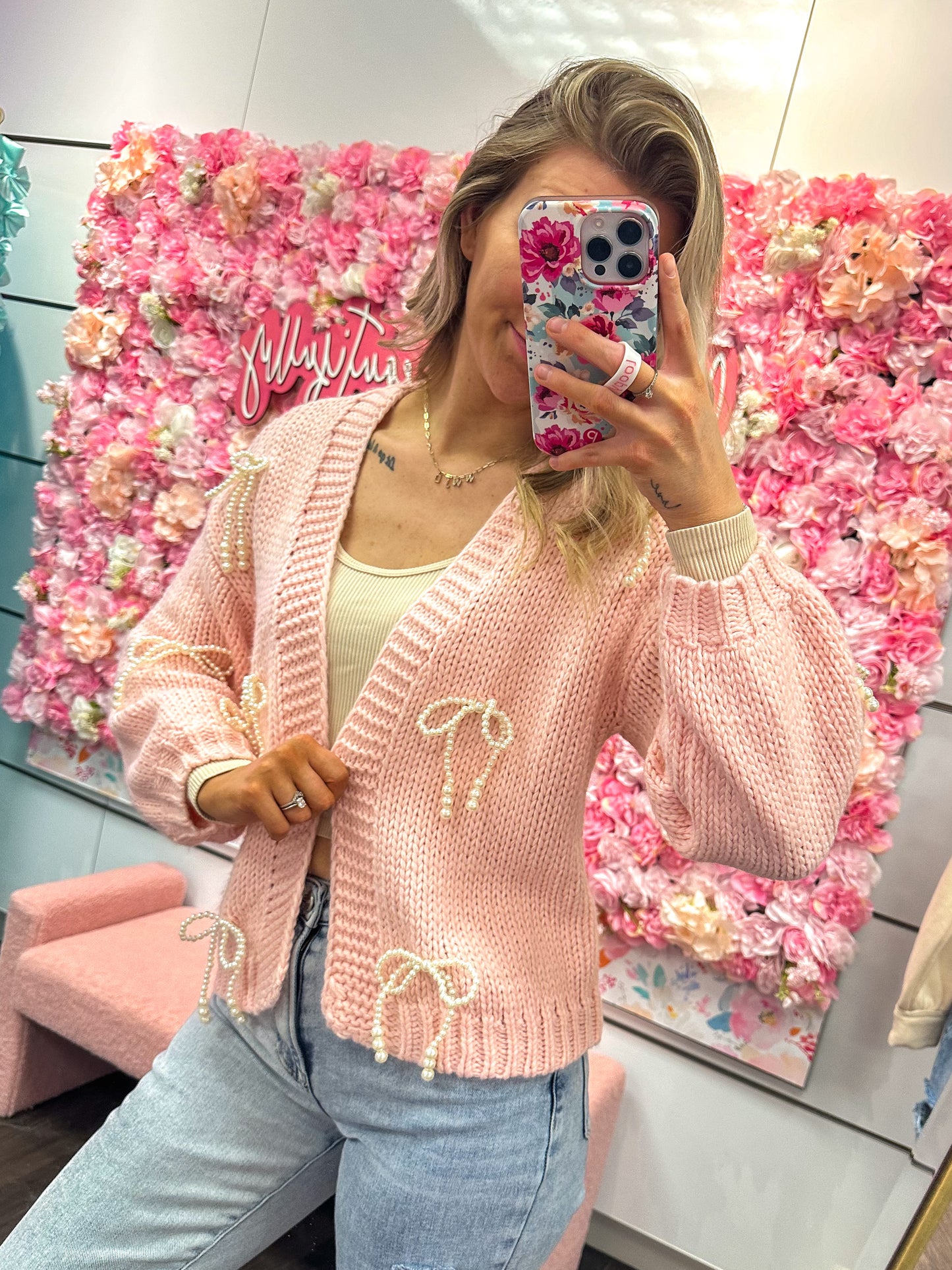 Rosie Ribbon Charm Knit Cardigan - Pink