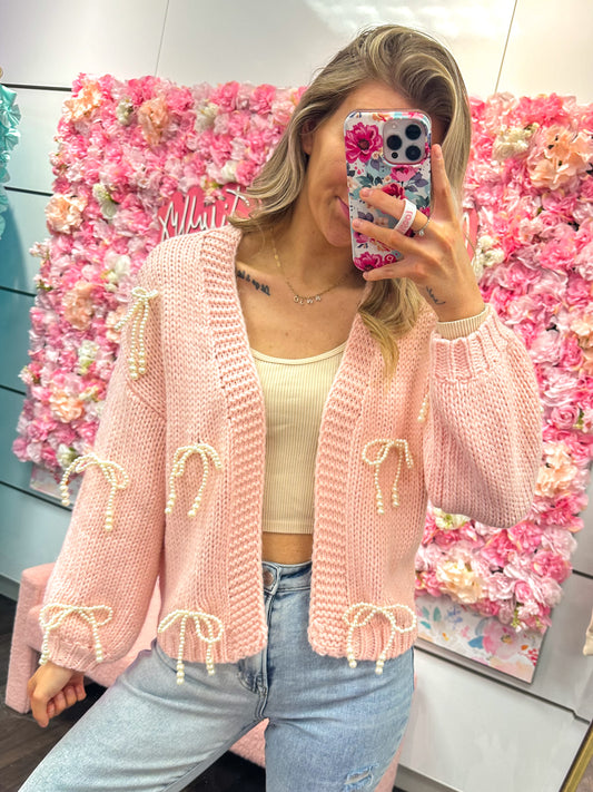 Rosie Ribbon Charm Knit Cardigan - Pink