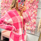 Gia Gingham Pattern Cardigan Sweater - Hot Pink