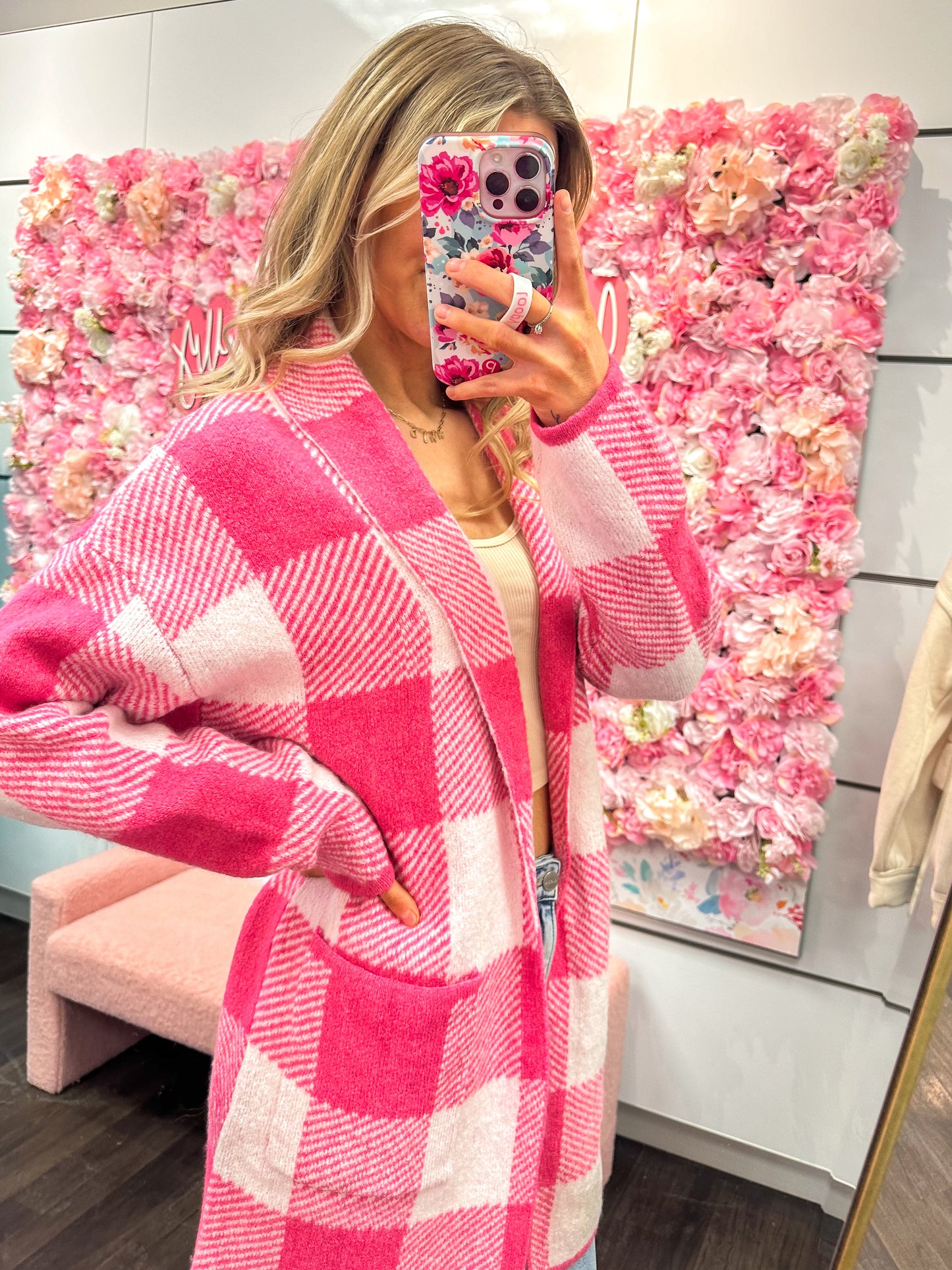 Gia Gingham Pattern Cardigan Sweater - Hot Pink