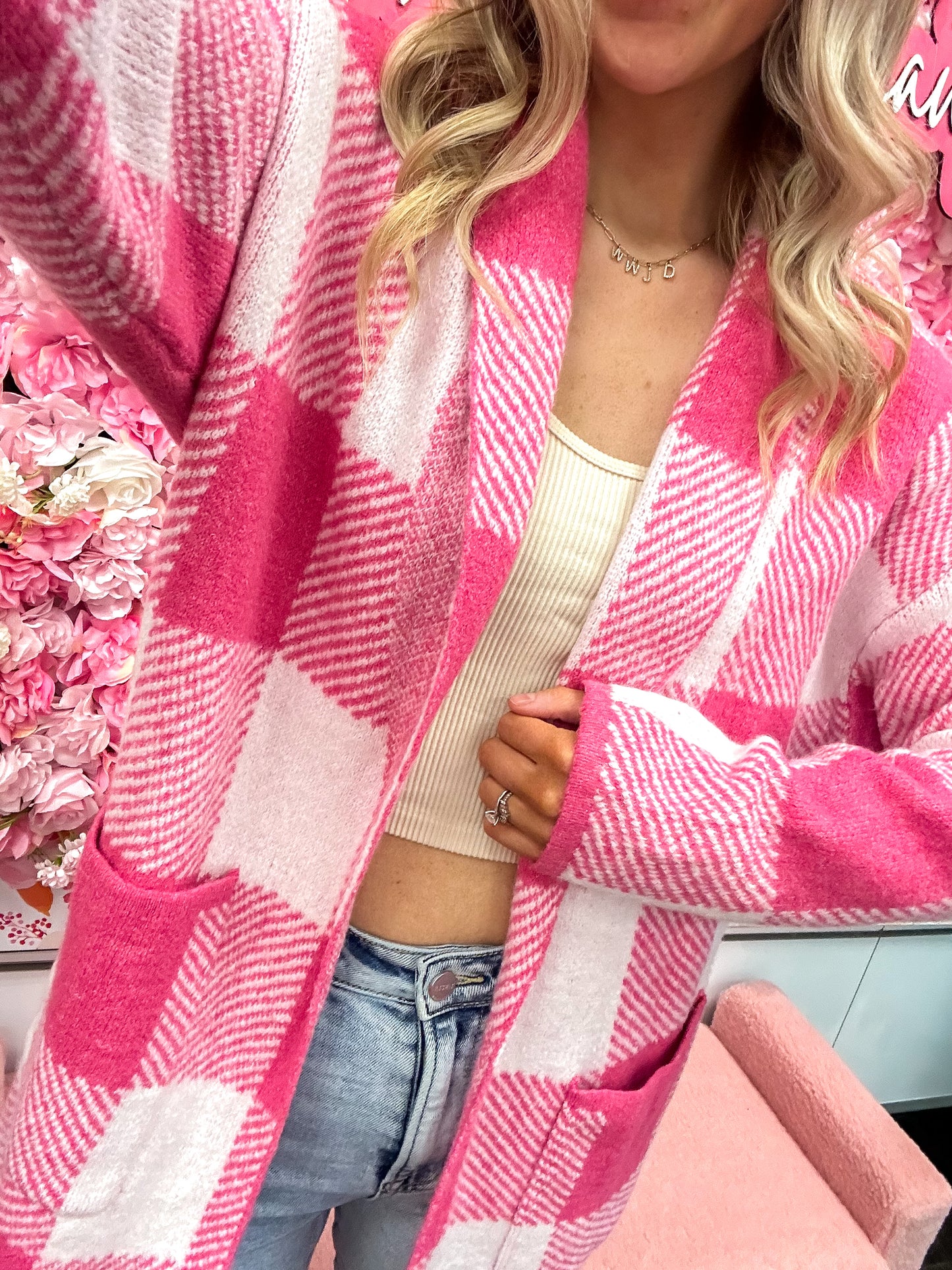 Gia Gingham Pattern Cardigan Sweater - Hot Pink