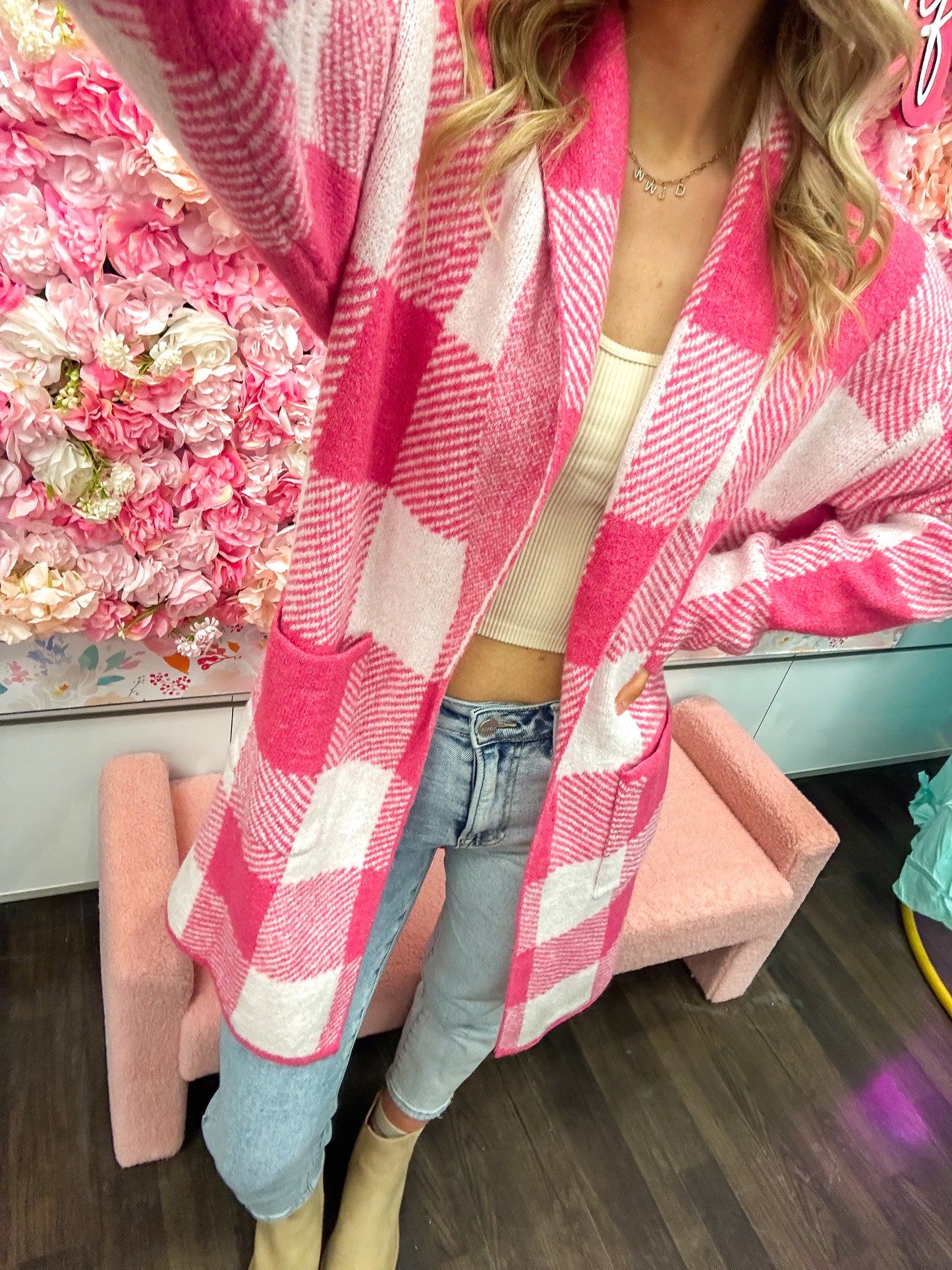 Gia Gingham Pattern Cardigan Sweater - Hot Pink