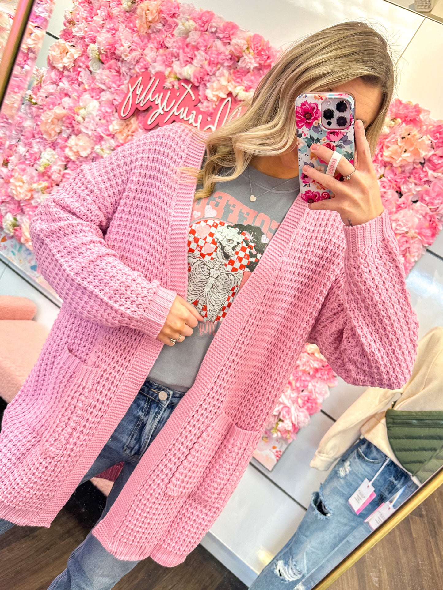 Clementine Chunky Waffle Knit Cardigan - Candy Pink