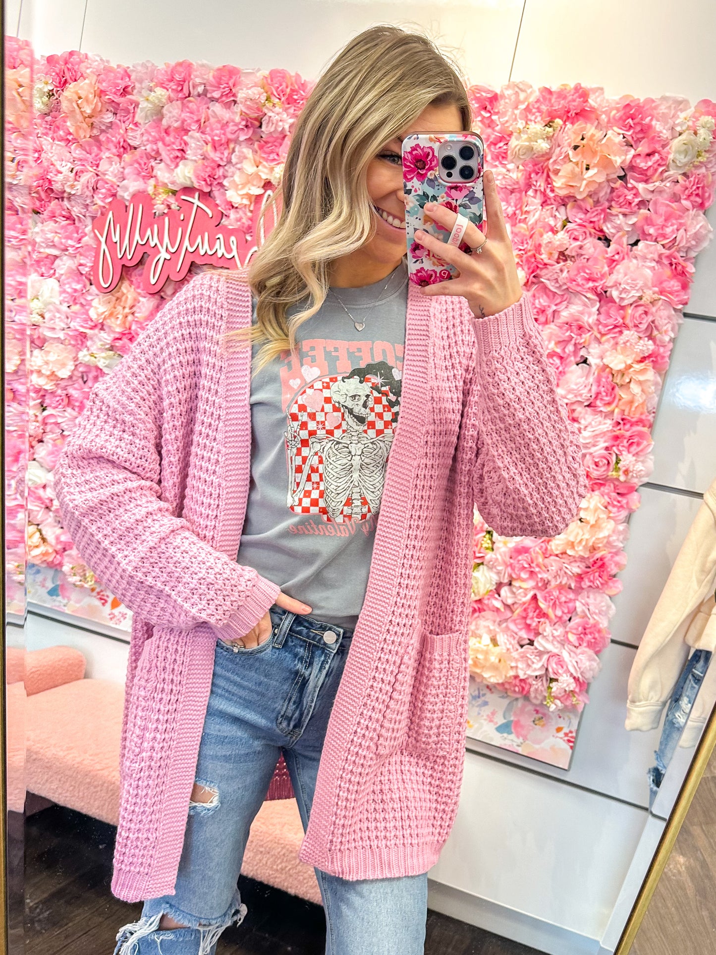 Clementine Chunky Waffle Knit Cardigan - Candy Pink