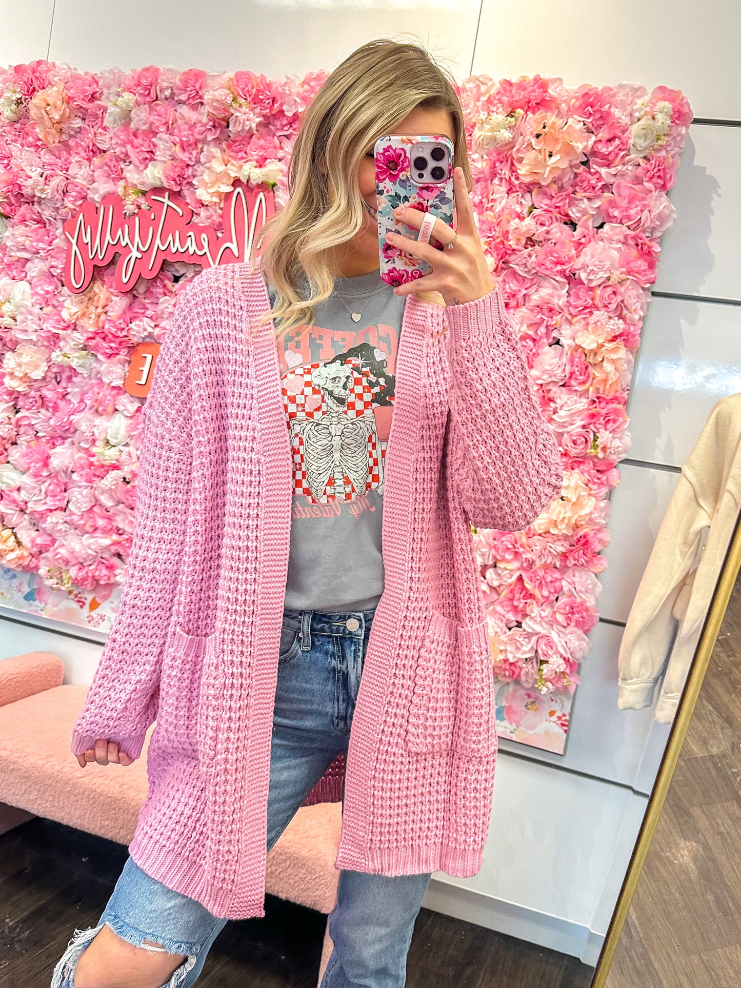 Clementine Chunky Waffle Knit Cardigan - Candy Pink