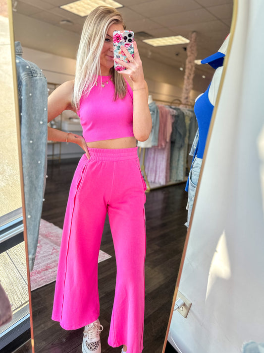 Girl On The Go Halter Neck Crop Top & Pants Set - Fuchsia