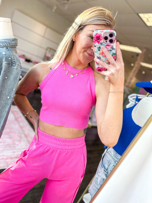Girl On The Go Halter Neck Crop Top & Pants Set - Fuchsia