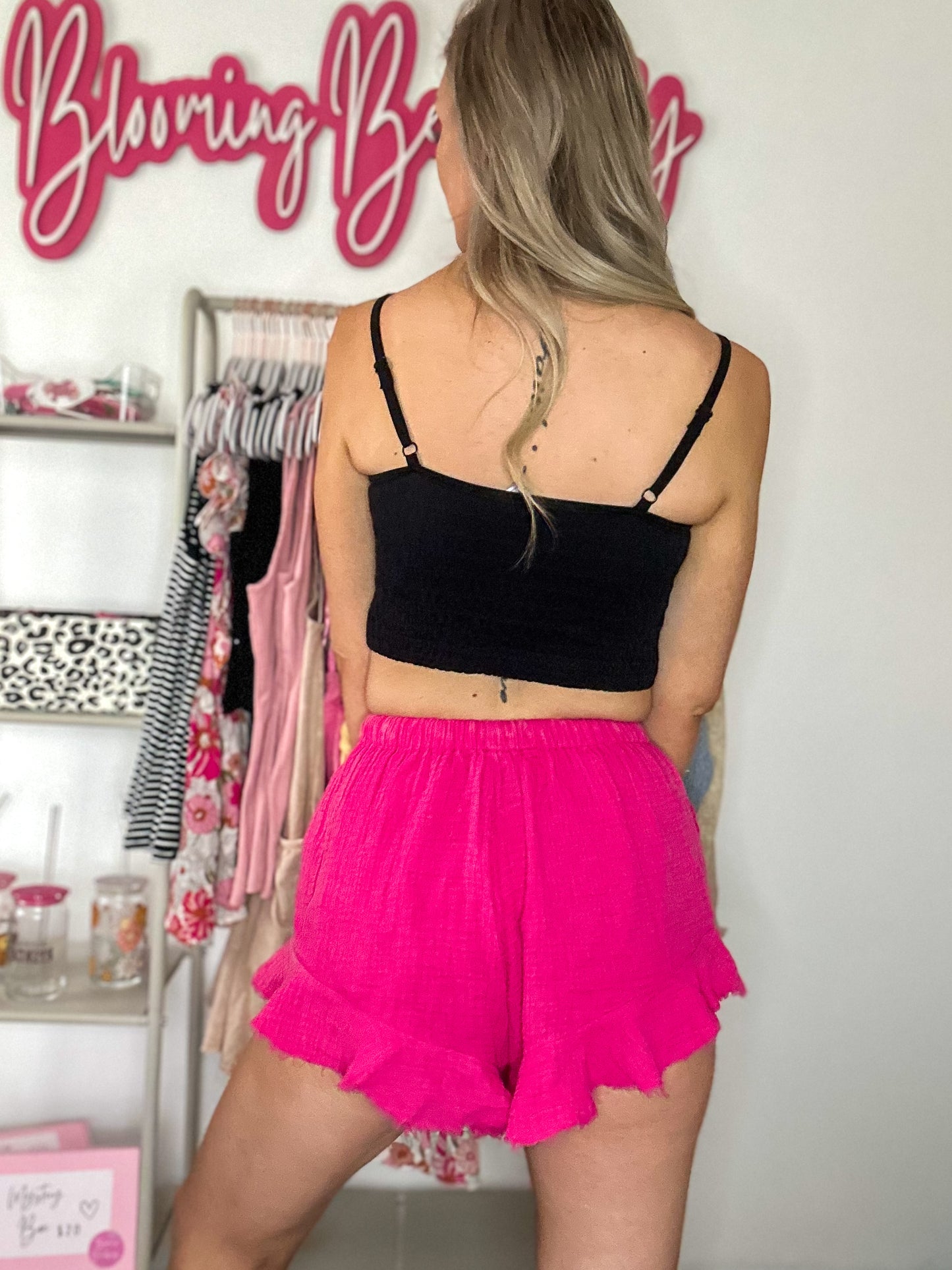 Lola Frayed Edge Ruffle Solid Shorts - Fuchsia