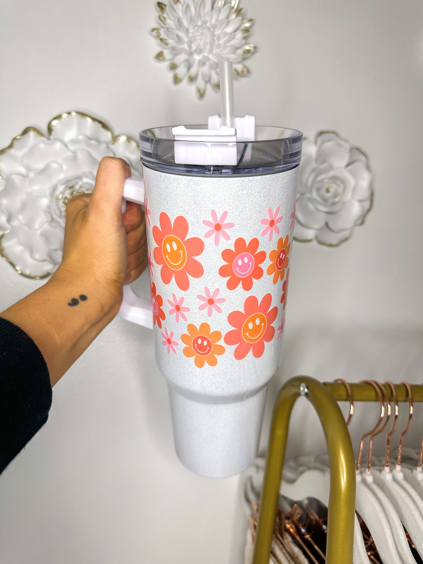 Smiley Flowers  - 40 Oz. White Shimmer Tumbler