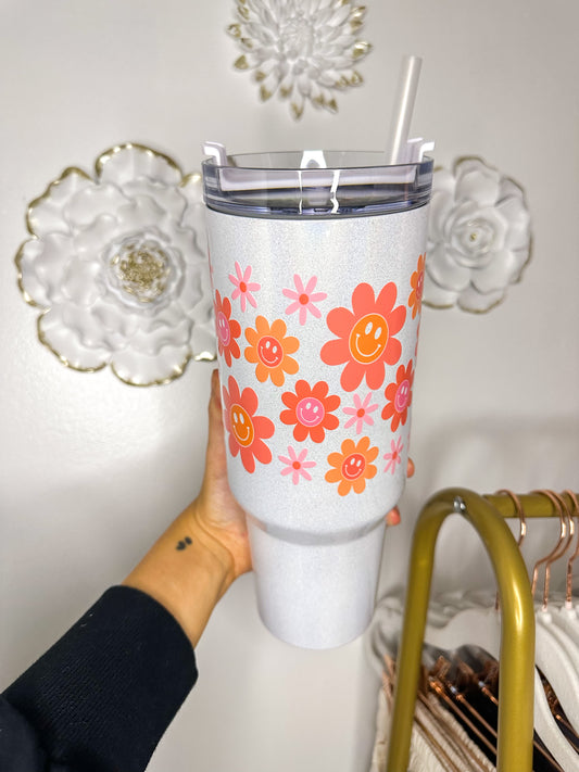 Smiley Flowers  - 40 Oz. White Shimmer Tumbler