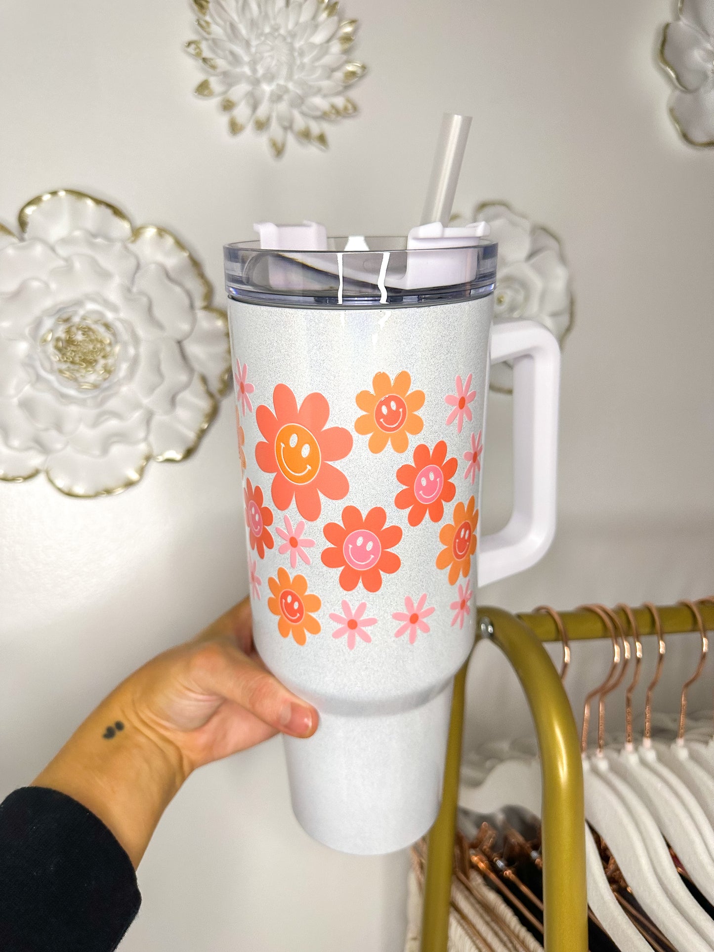 Smiley Flowers  - 40 Oz. White Shimmer Tumbler