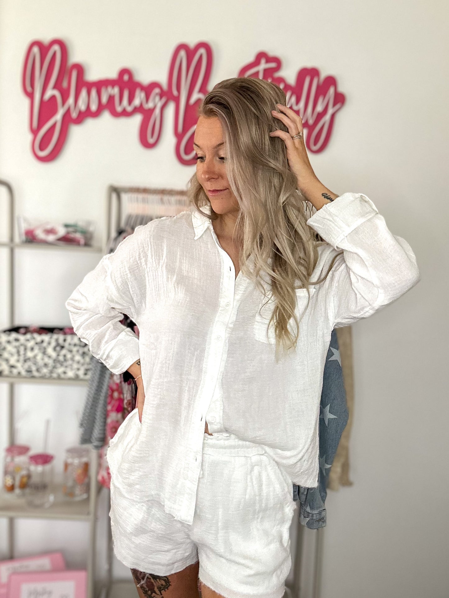 Elle Cotton Gauze Woven Shirt Top & Shorts Set - White