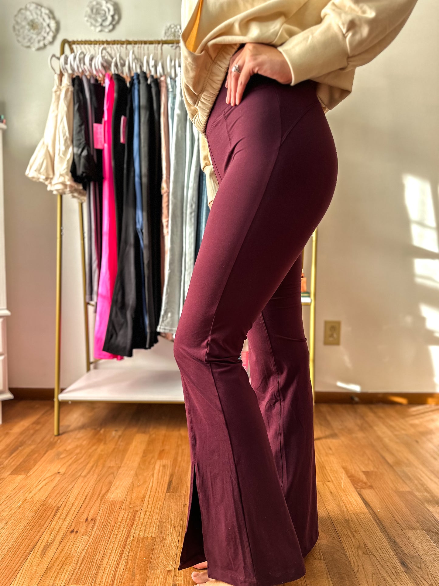 Rylin Recycled Butter High Waist Full Length Flare Leggings With Slit - Cassis