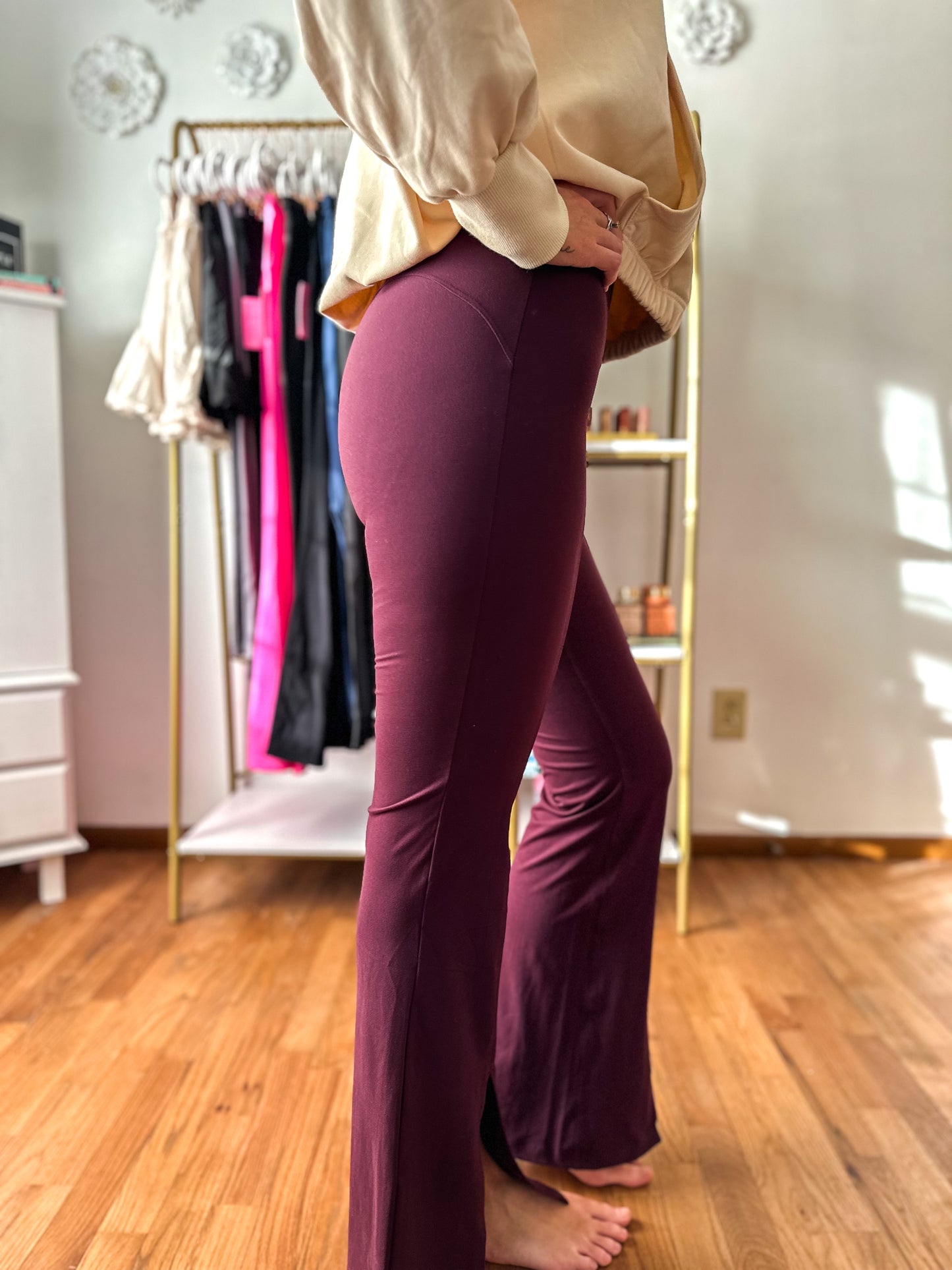 Rylin Recycled Butter High Waist Full Length Flare Leggings With Slit - Cassis