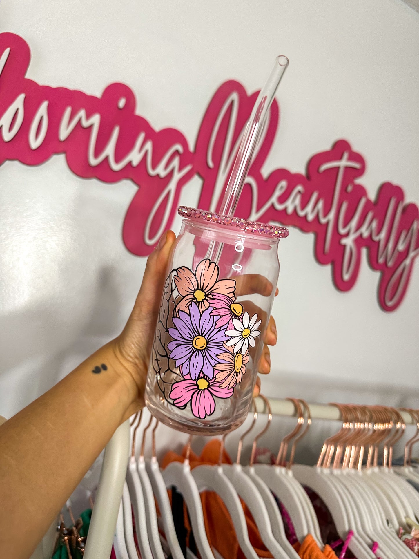 Mental Health Flower Brain Bedazzled 16 oz. Beer Can Tumbler