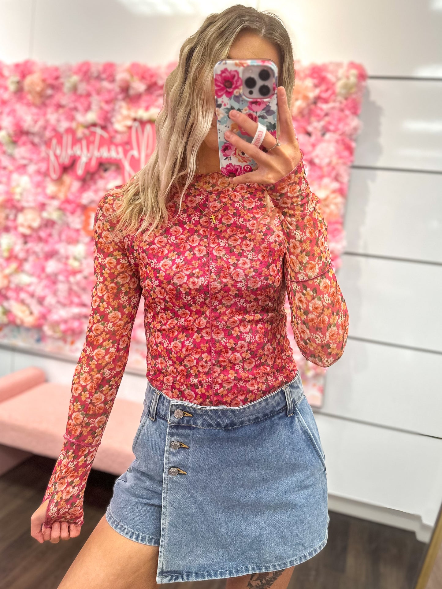 Miley Mockneck Long Sleeve Floral Print Mesh Top - Fuchsia