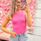 Raegan Round Neck Sleeveless Ribbed Color Block Bodysuit - Hot Pink/Pink