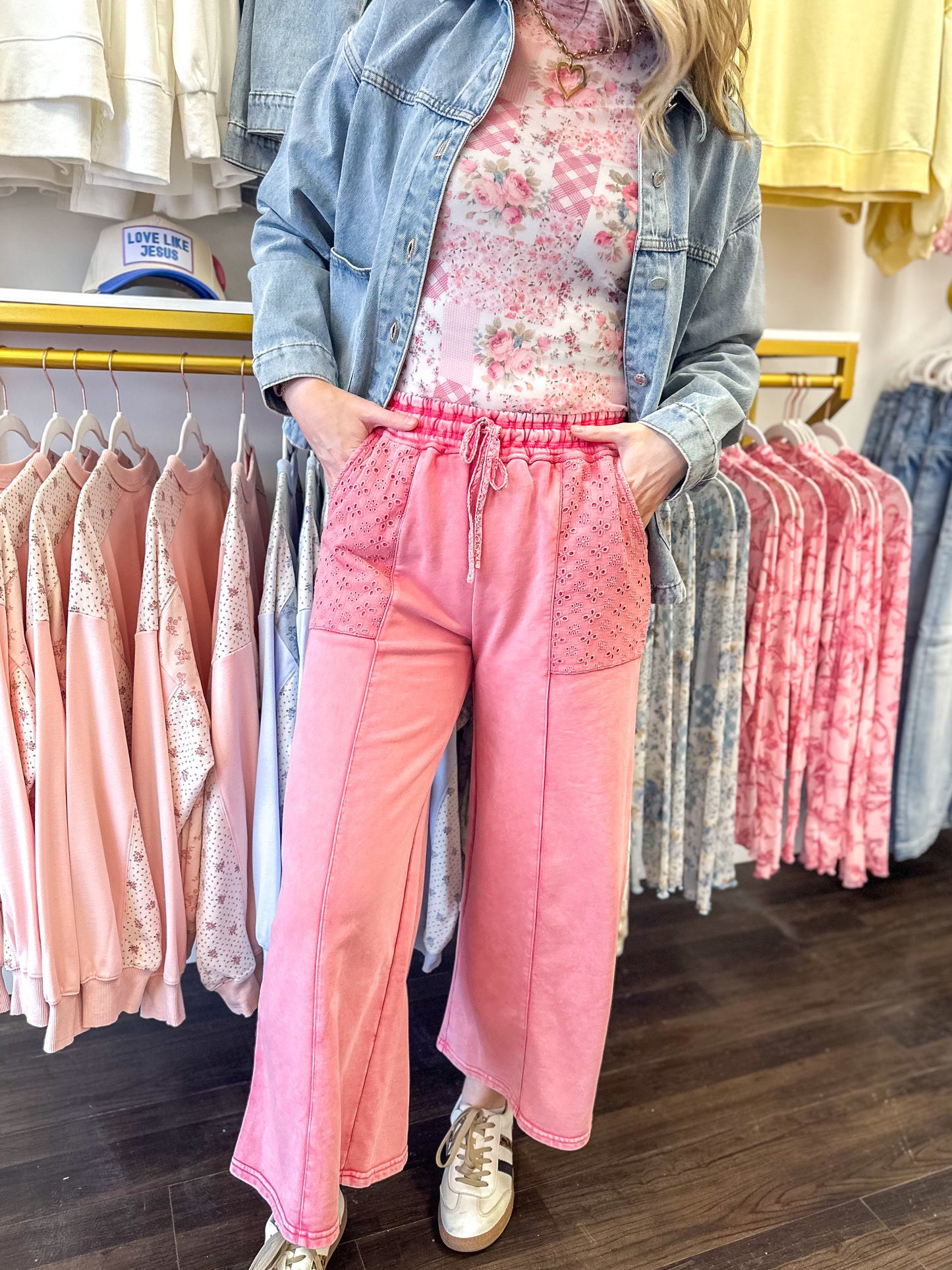 Everly Eyelet Wide Leg Pants - Peacock & Pink