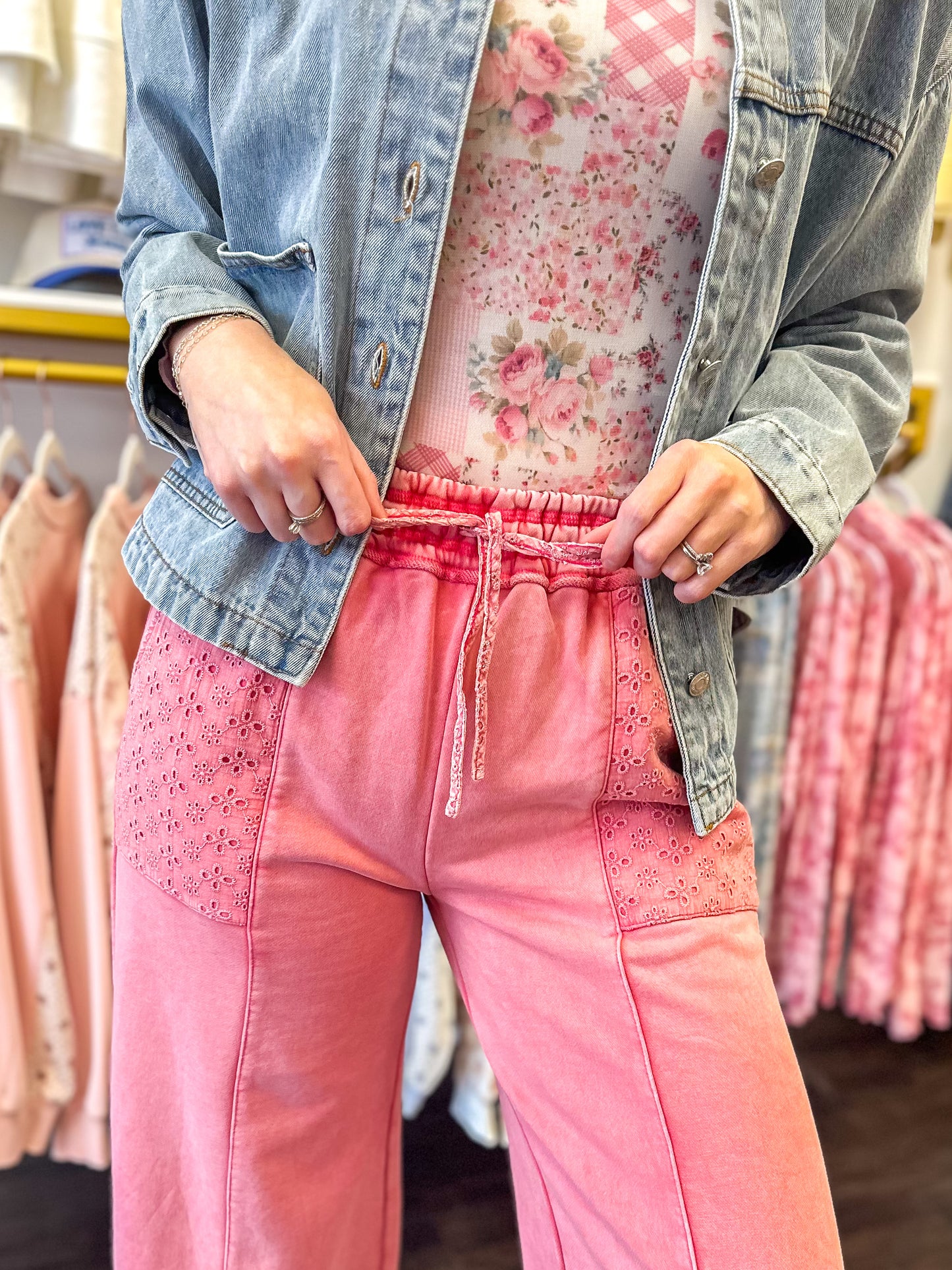 Everly Eyelet Wide Leg Pants - Peacock & Pink