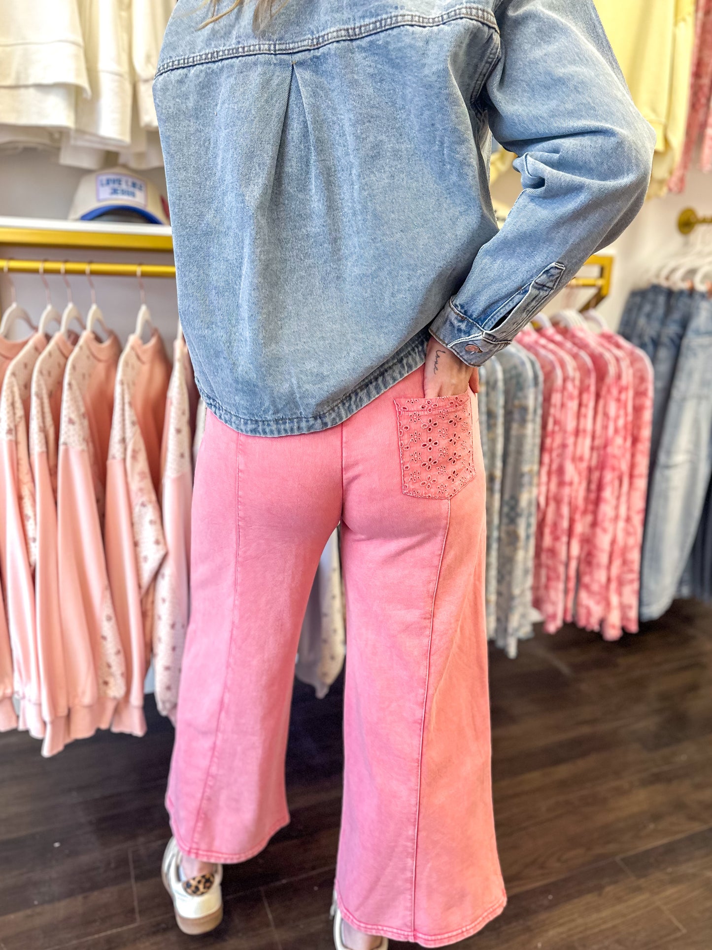 Everly Eyelet Wide Leg Pants - Peacock & Pink