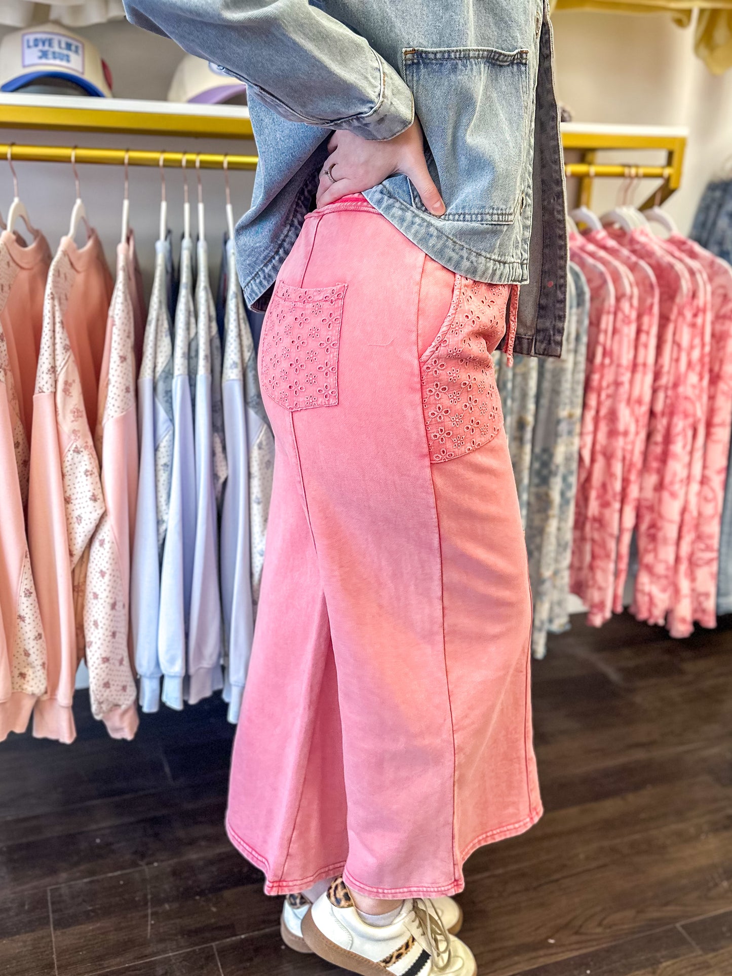 Everly Eyelet Wide Leg Pants - Peacock & Pink