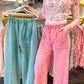 Everly Eyelet Wide Leg Pants - Peacock & Pink