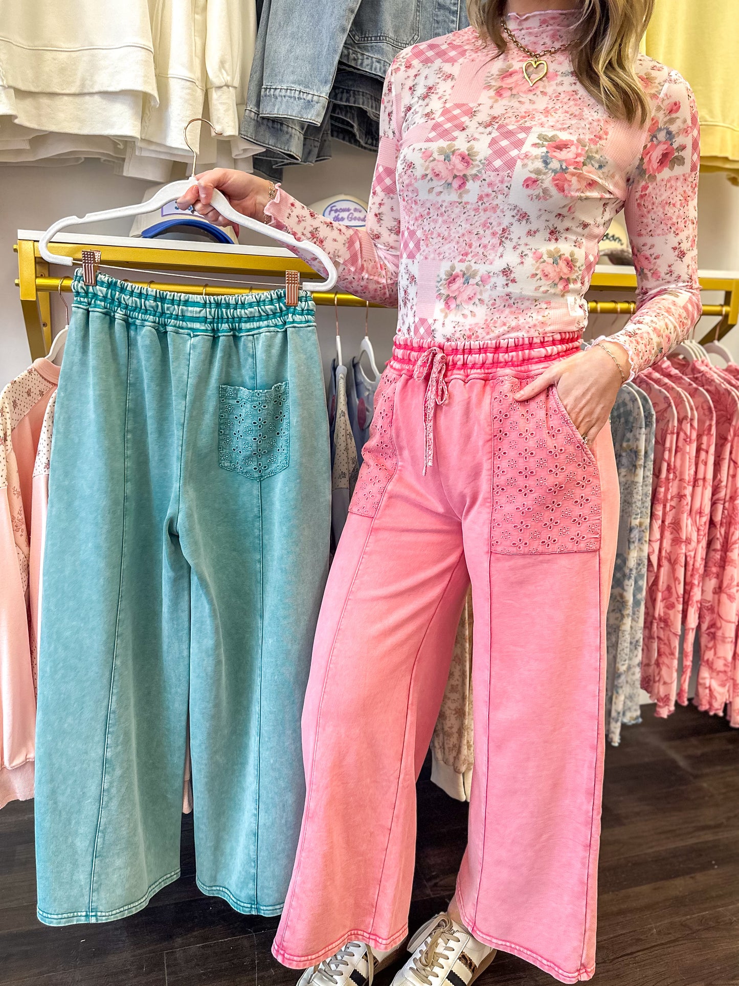 Everly Eyelet Wide Leg Pants - Peacock & Pink