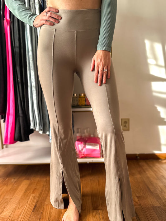 Rylin Recycled Butter High Waist Full Length Flared Leggings With Slit - Stone Taupe