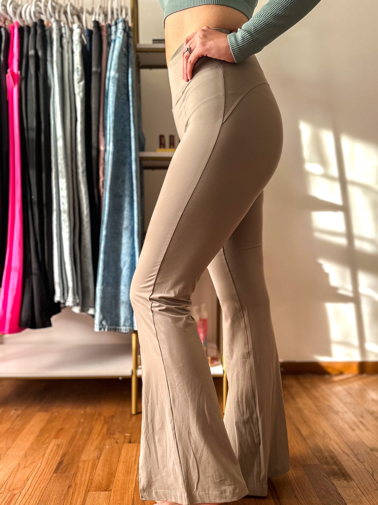 Rylin Recycled Butter High Waist Full Length Flared Leggings With Slit - Stone Taupe