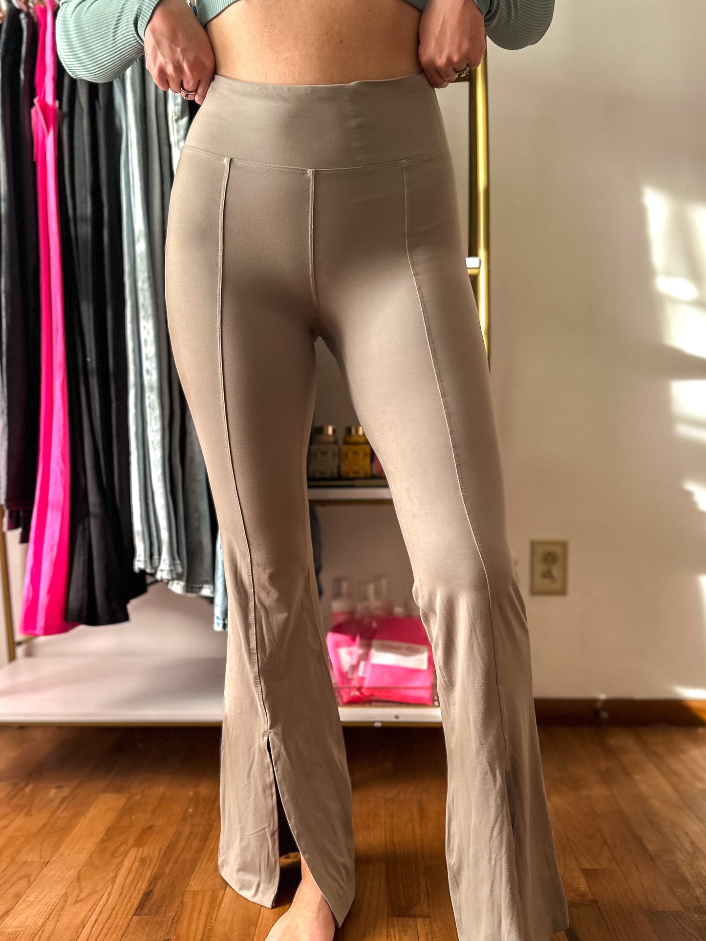 Rylin Recycled Butter High Waist Full Length Flared Leggings With Slit - Stone Taupe