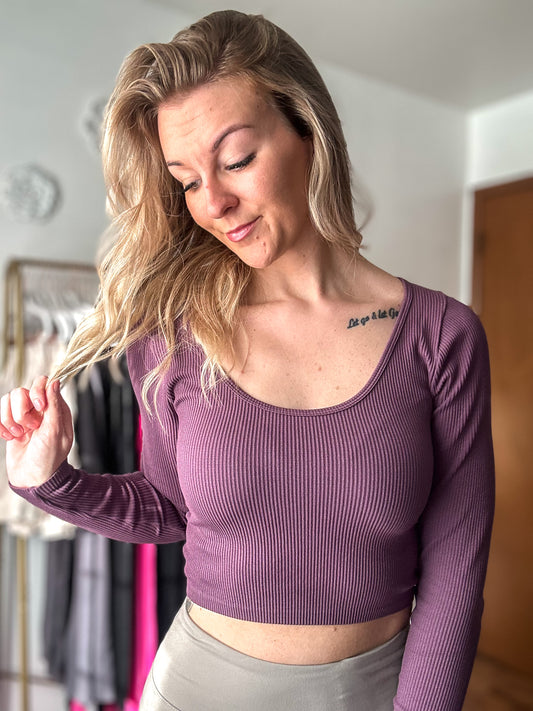 Ellie Easy Comfy Casual Fitted Crop Knit Top - Plum