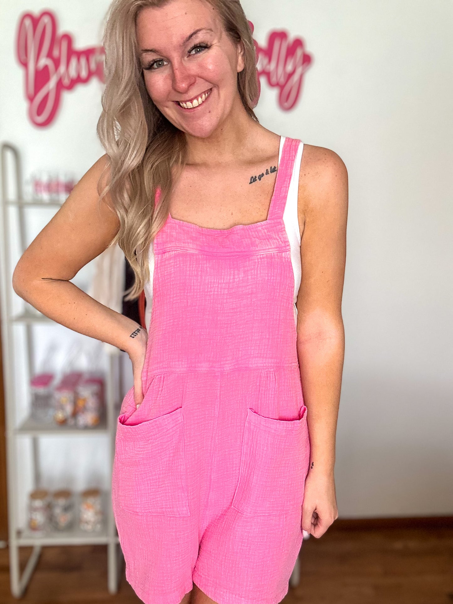 Ella Sleeveless Double Gauze Overall Romper W/ Pockets - Pink