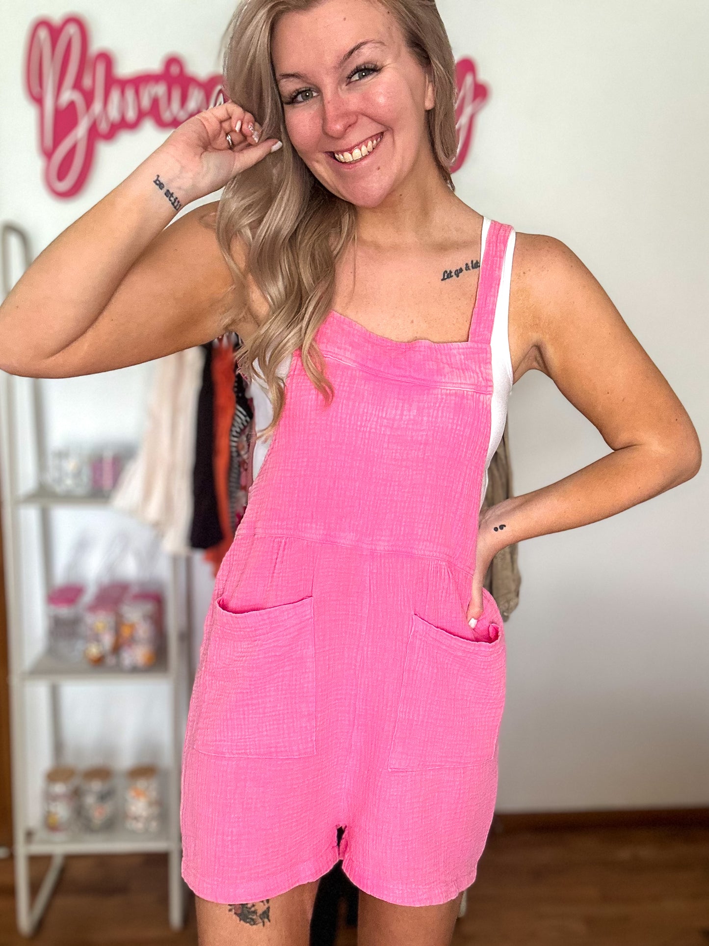 Ella Sleeveless Double Gauze Overall Romper W/ Pockets - Pink