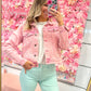 Aria All Over Pearl Cropped Denim Jacket - Pink
