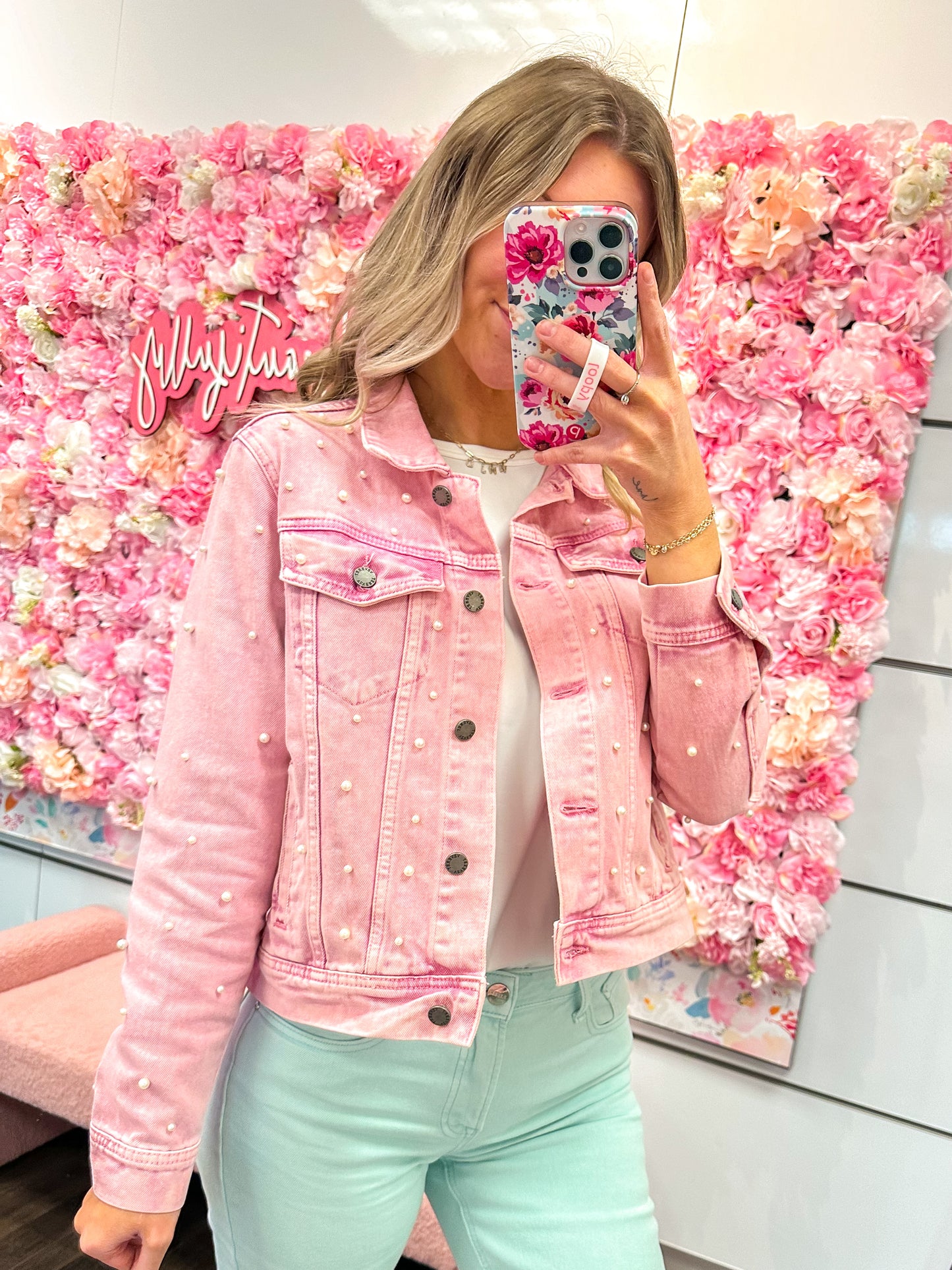 Aria All Over Pearl Cropped Denim Jacket - Pink
