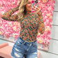 Miley Mockneck Long Sleeve Floral Print Mesh Top - Black