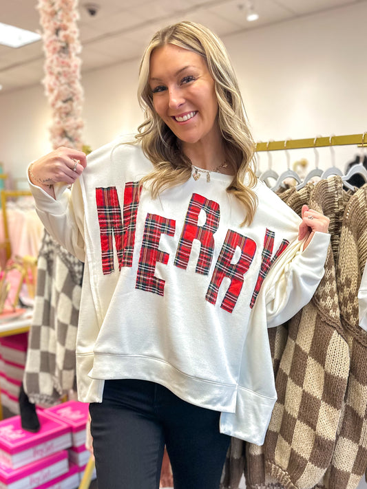Merry Plaid Oversized Fleece Sweatshirt - White