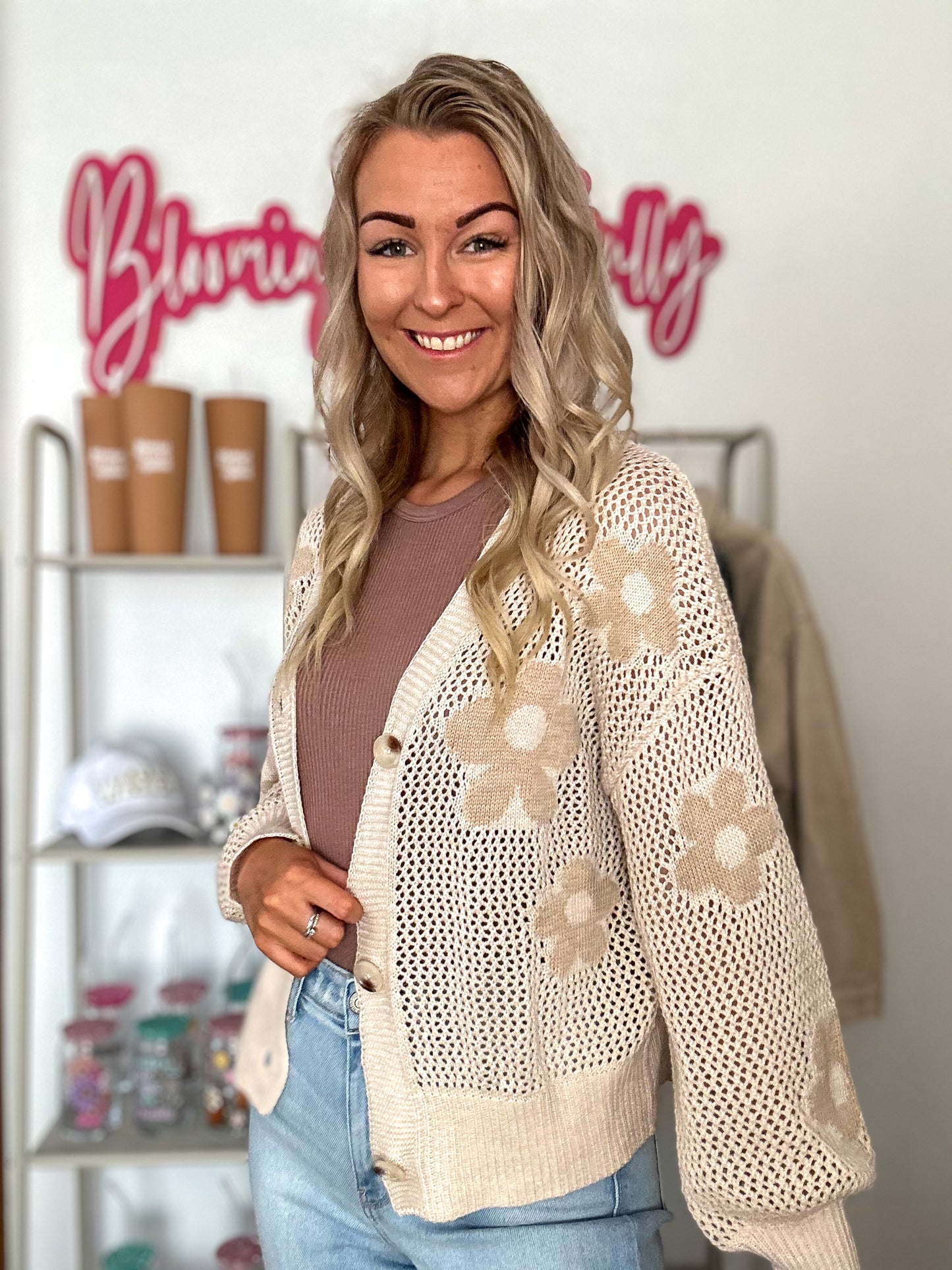 Leighton Lightweight Floral Sweater Cardigan - Beige