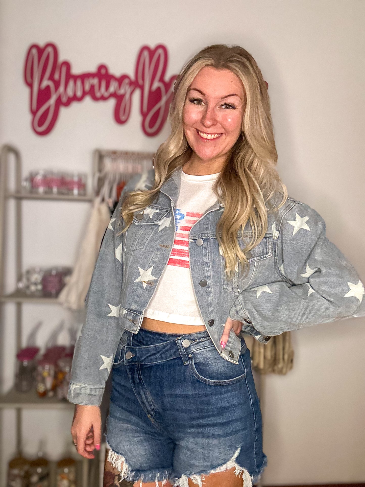 Scarlett Star Print Distressed Cropped Denim Jacket